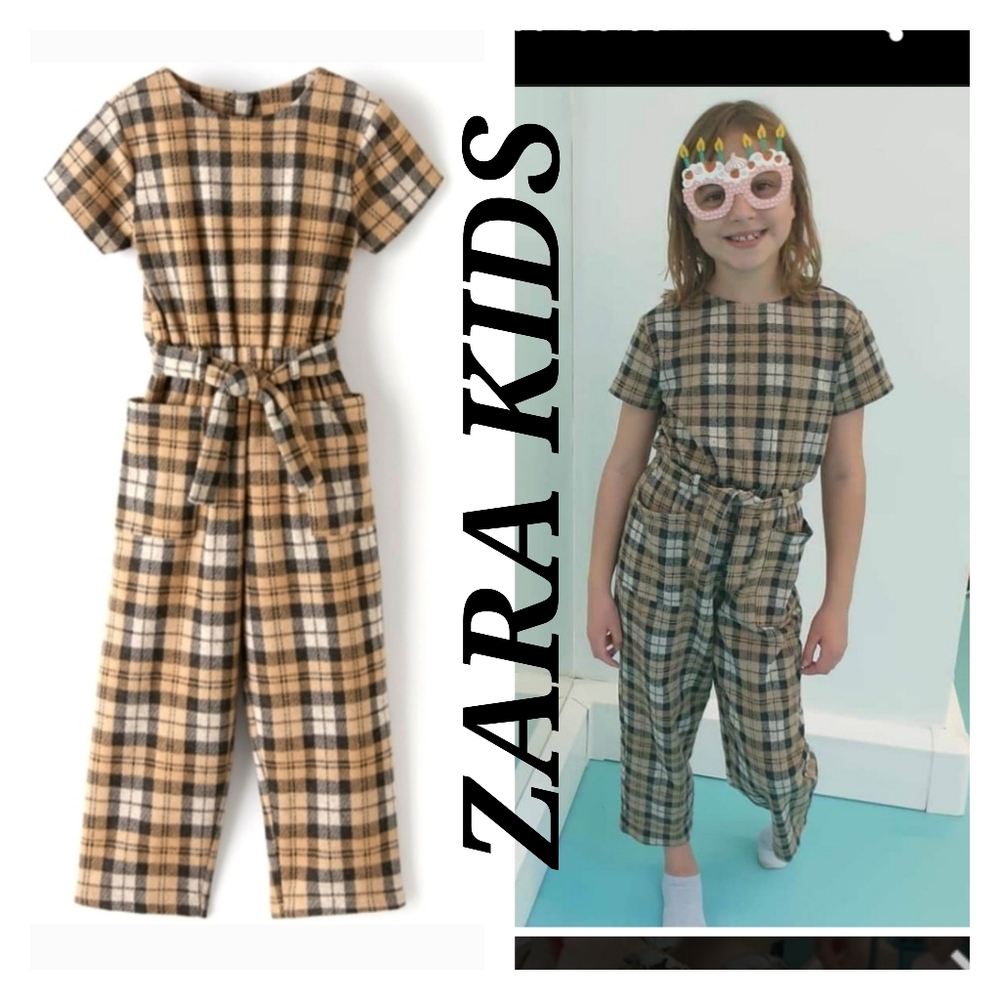 ZARA GIRLS PLAID Brown belted jumpsuit coversuit
